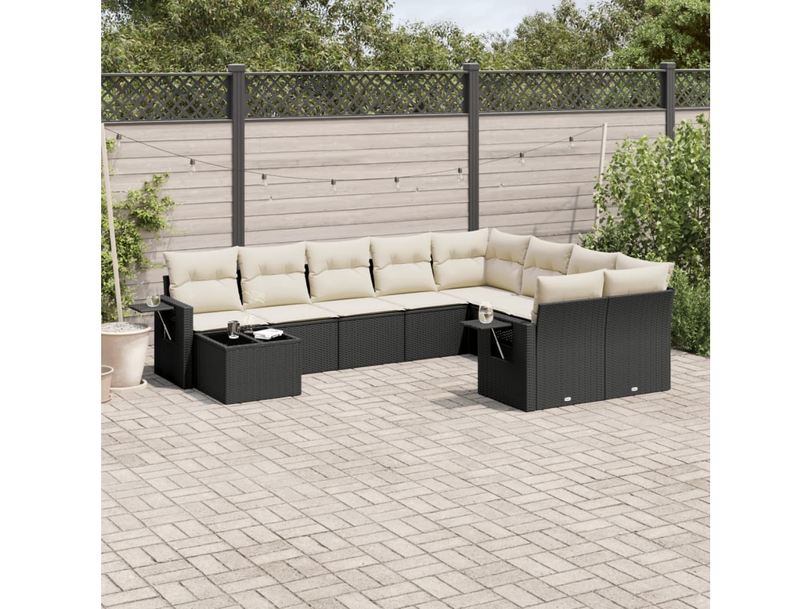 Jogo de Sofá Jardim 10 Peças C/ Almofadões Vime Pe Preto Dkd Home Decor