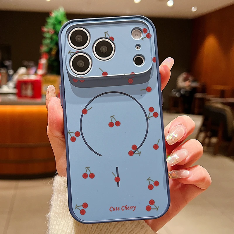 Capa Magnética Para Iphone 17 Pro Max Com Estampa De Cereja Vermelha (azul), Capa Protetora Rígida De Tpu E Pc.