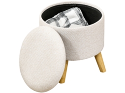Puf Redondo com Compartimento de Armazenamento, Pés de Madeira, Design Moderno, Cor Creme. PRIME KANG