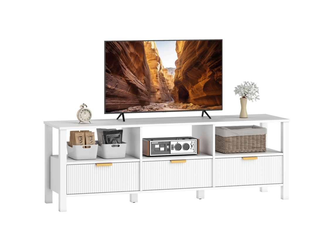 Suporte Para Tv De 152 Cm, Suporte Para Tv De 65 Polegadas Com 3 Gavetas E 3 Prateleiras Abertas, 152x39,5x50cm, Branco