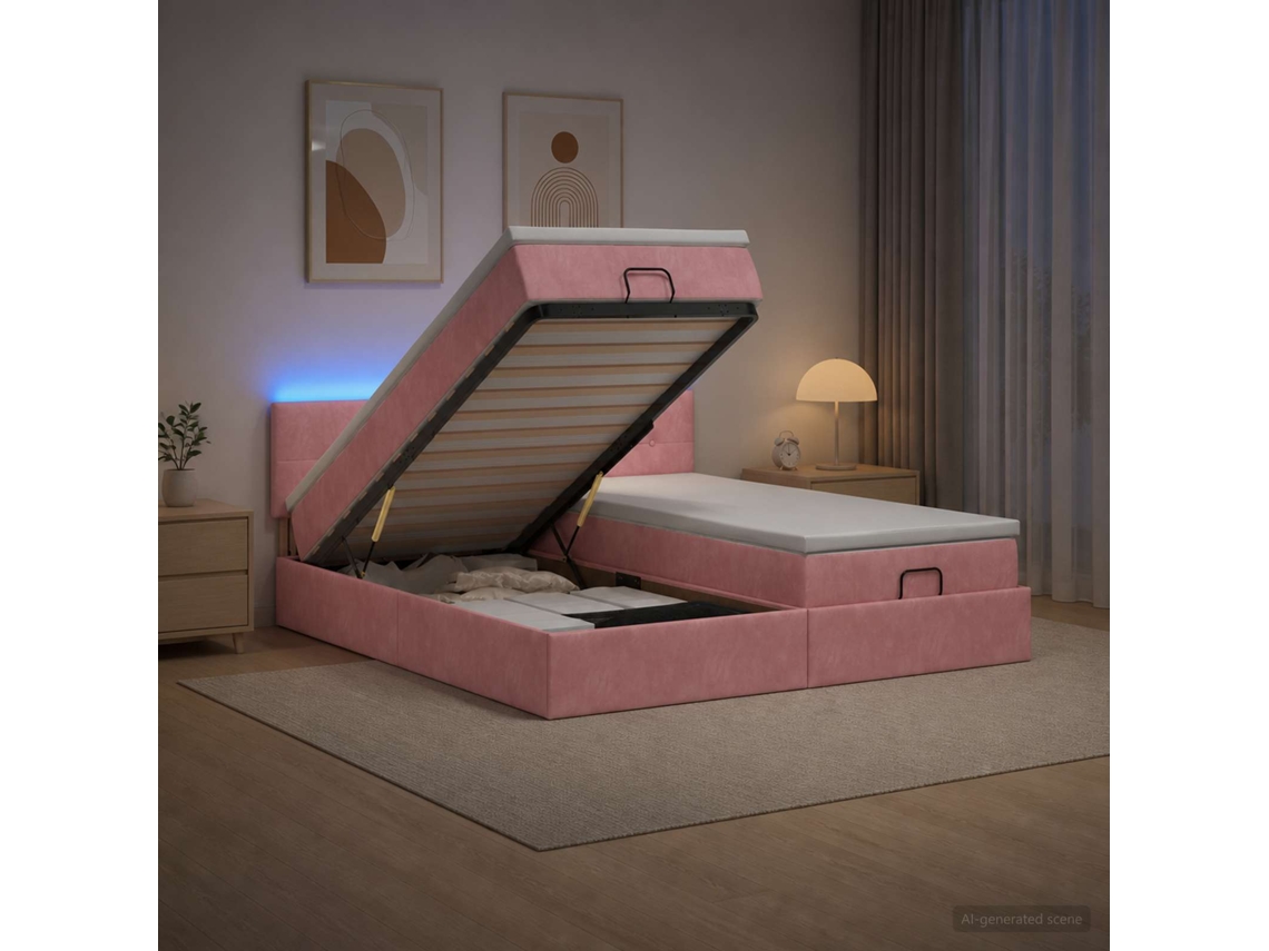 Vidaxl Cama Ottoman Com Colchão E Led Rosa 160 X 200 Cm Veludo