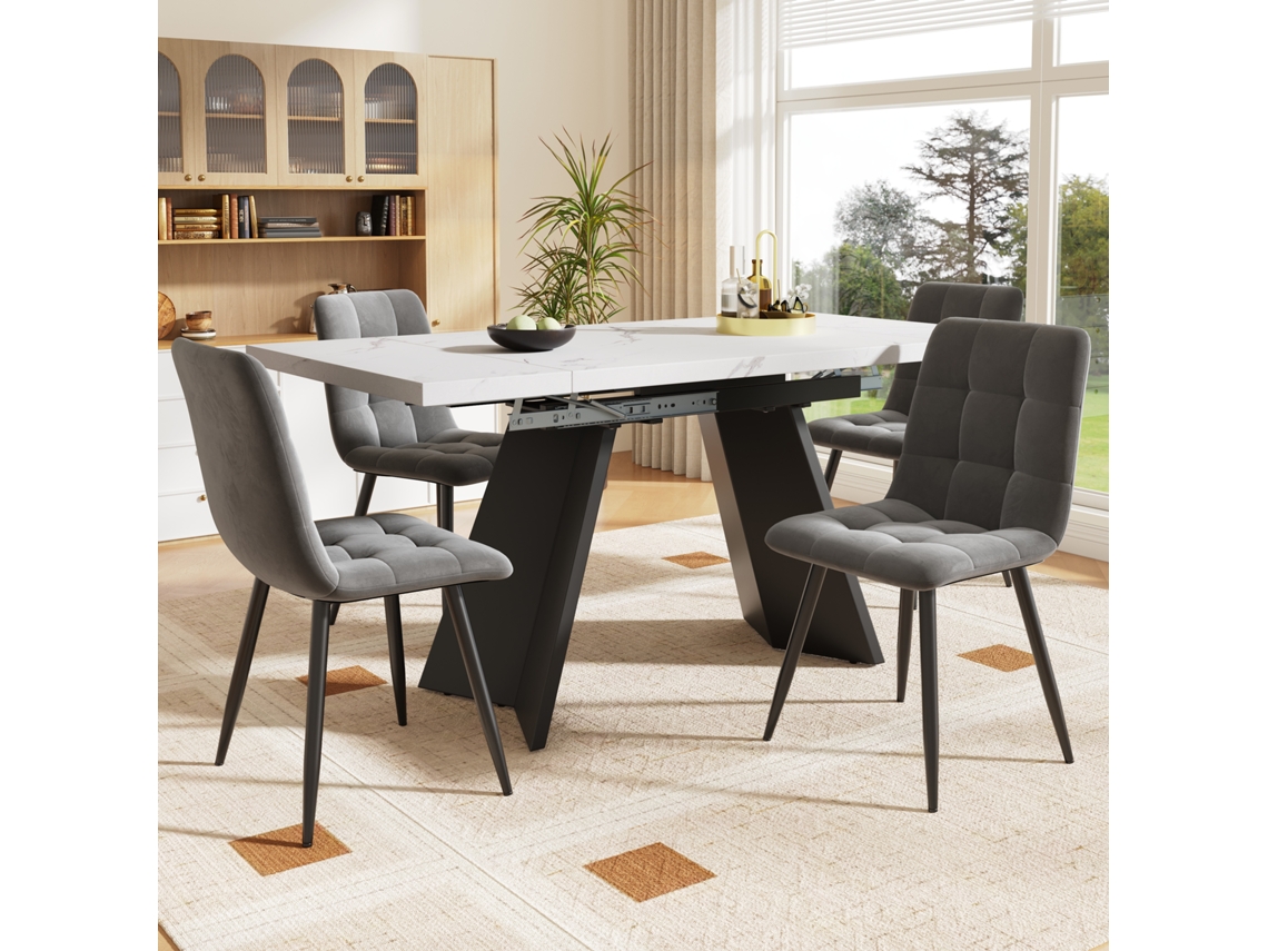 Conjunto Jantar 5 Peças Extensível 160x80x75cm 4 Cadeiras Veludo Cinza Mesa Branca Pés Planos
