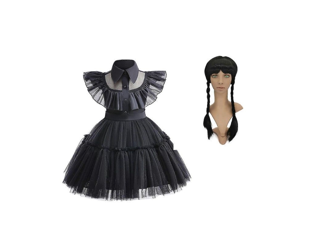 Vestido Mesh Wednesday Con Peluca para Niñas Traje de Rol 80 Negro a