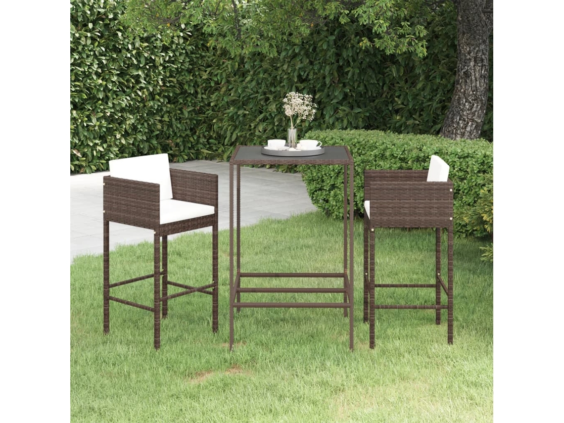 Vidaxl 3 Pcs Conjunto De Bar P/ Jardim Com Almofadões Vime Pe Castanho