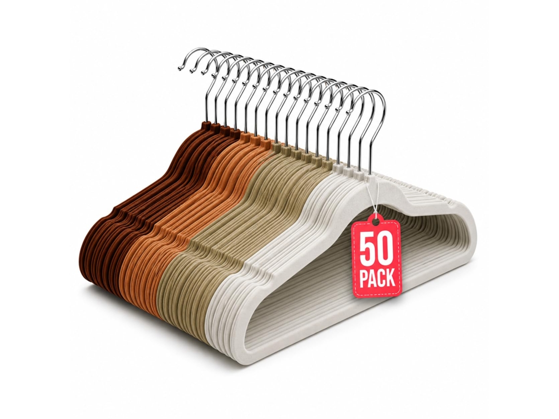 Cabides de Veludo Antiderrapantes Pack 50 Tons Castanho com gancho 360° COM-FORT HOUSE