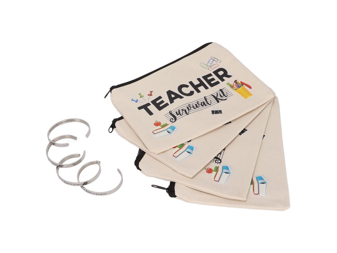 Teacher Appreciation Gifts 4 Makeup Pouch Bags 4 Stainless Steel Bracelet Set