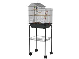 Gaiola Para Passáros De Metal Com Portas 4 Comedouros 3 Poleiros Baloiço Escadas E Bandeja Removível 46x36x120 Cm Preto