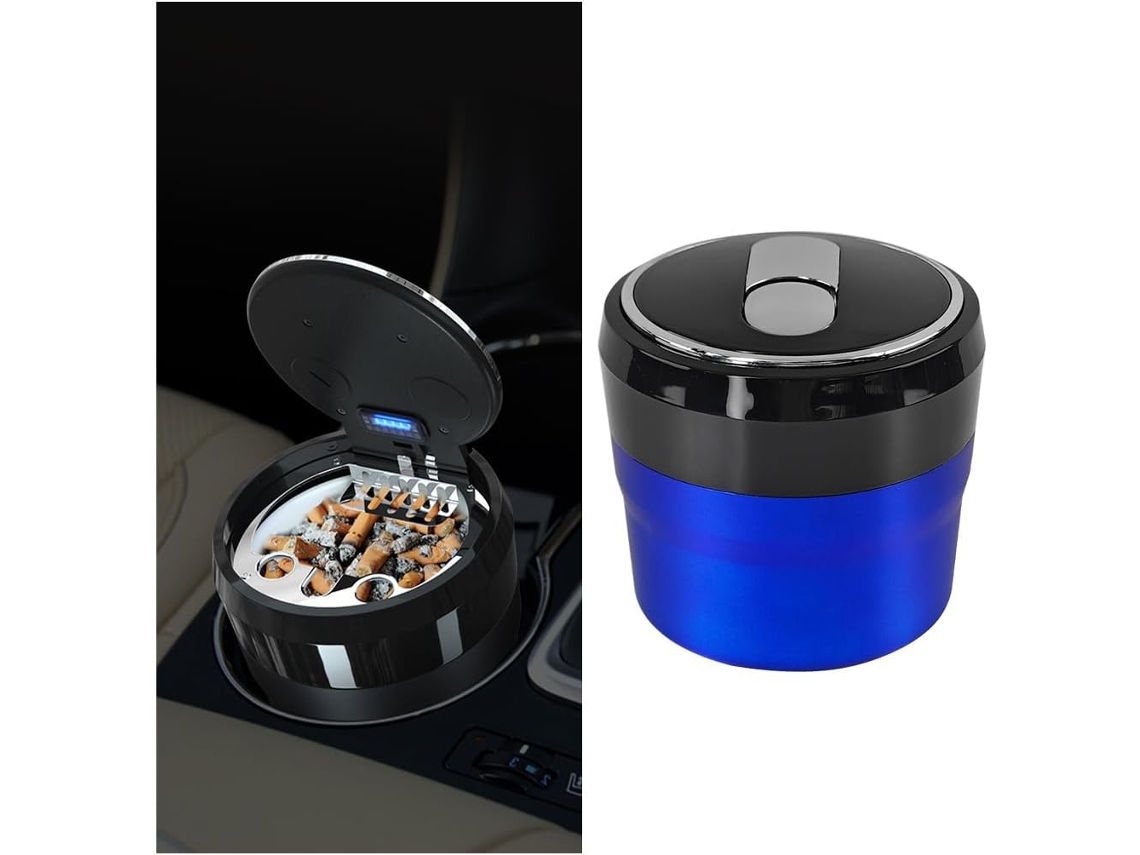 Cinzeiro Para Carro Com Tampa, Portátil, Sem Fumaça, Cilíndrico - Recipiente Removível Com Luz Led Azul -