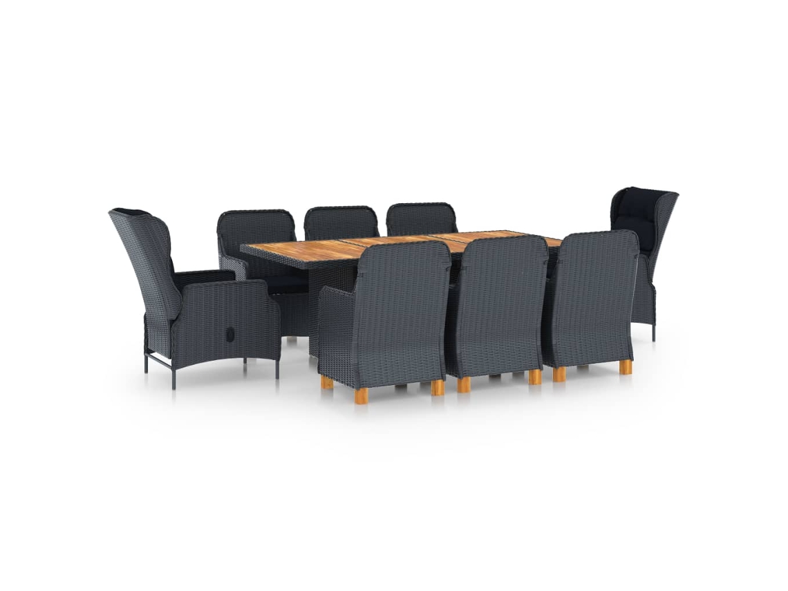 Vidaxl 9 Pcs Conj. Jantar Exterior C/ Almofadões Vime Pe Cinza-escuro