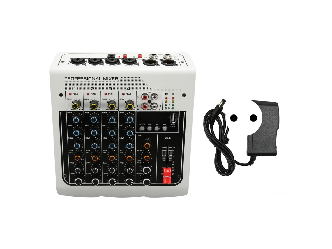 Mixer DJ pequeno com 4 canais e reprodução via Bluetooth/USB EOOCOO