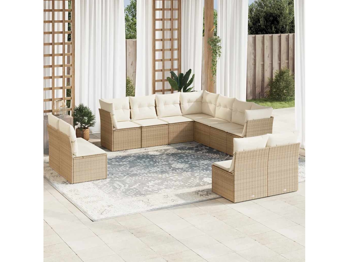 Vidaxl 11 Pcs Conjunto Sofás De Jardim C/ Almofadões Vime Pe Bege