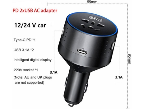 Inversor de Carro 12V 220V Com Pd Type-C Qc3.0 Usb YAN251-3 Preto