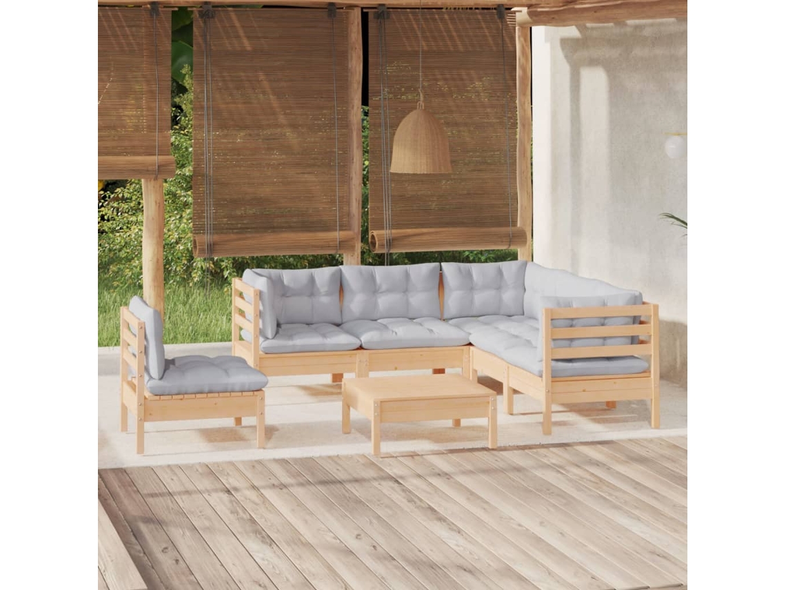 Vidaxl 6 Pcs Conjunto Lounge De Jardim C/ Almofadões Cinza Pinho