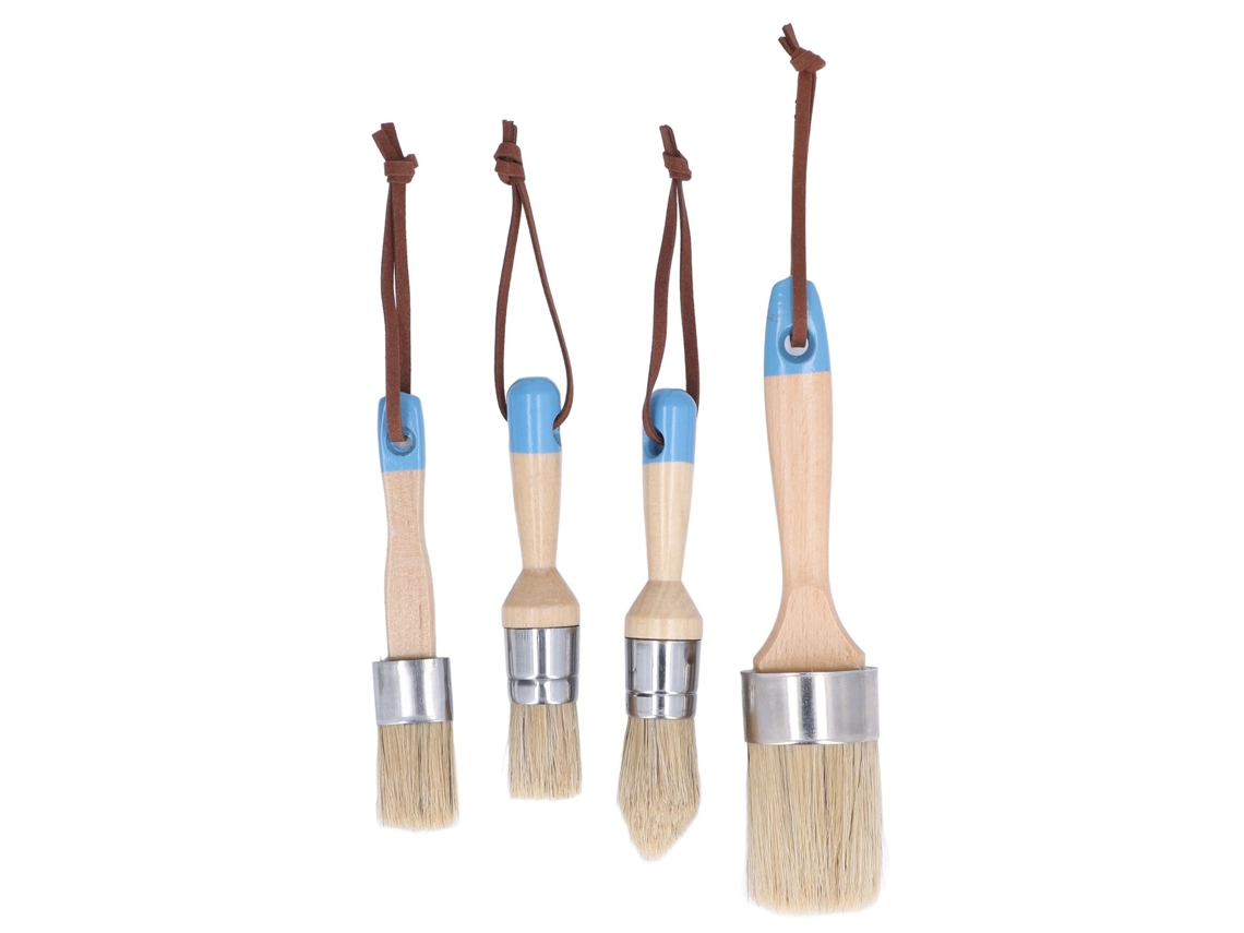 Conjunto de 4 pincéis domésticos com cabos de madeira, feitos de cerdas puras de javali para uso multifuncional em projetos de bricolagem.