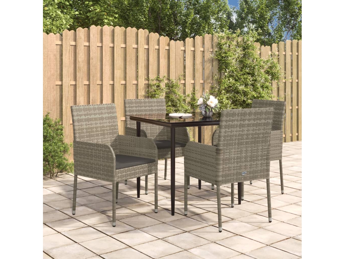 Vidaxl 5 Pcs Conjunto Jantar Jardim C/ Almofadões Vime Pe Preto/cinza