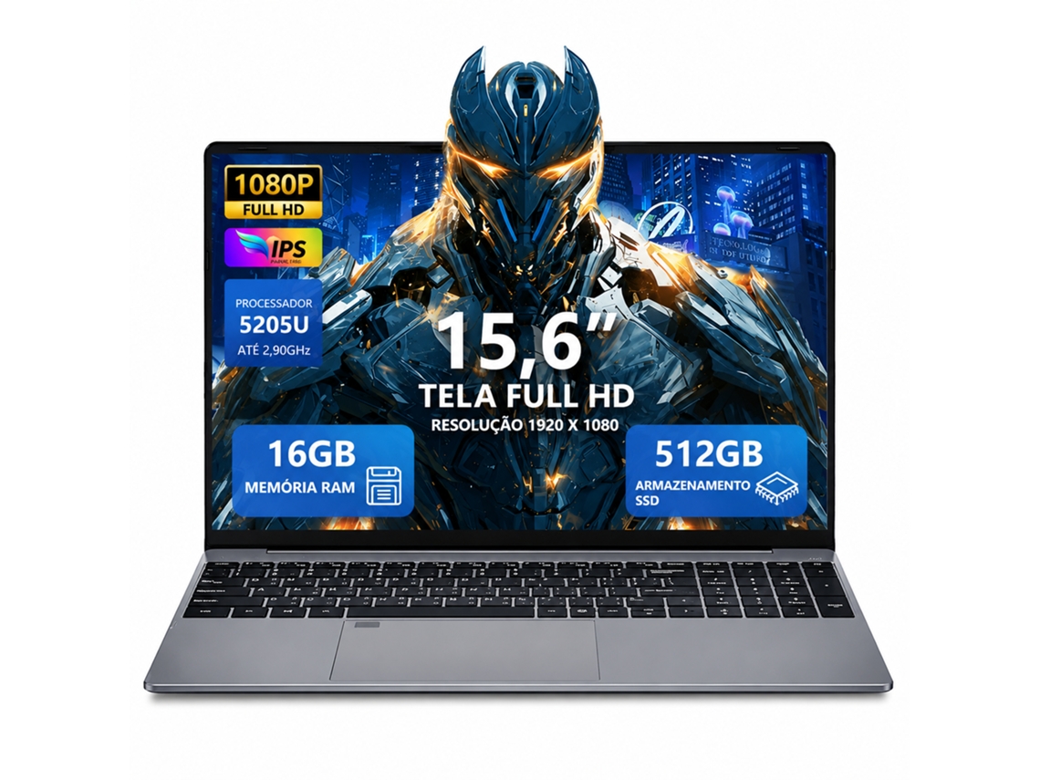 Portátil 15,6 polegadas, Intel Celeron 5205U, 16 GB RAM DDR4, SSD de 512 GB, Windows 11 Pro, Wi-Fi 5, HDMI, até 2,9 GHz