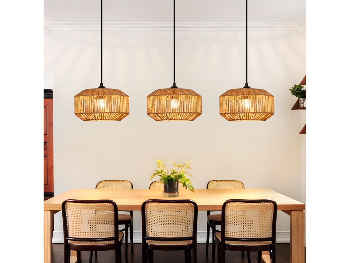 Luminária pendente NETTLIFE Boho em rattan, 3xe27, estilo retrô, altura ajustável, para sala de estar, sala de jantar ou quarto (lâmpadas não incluídas)