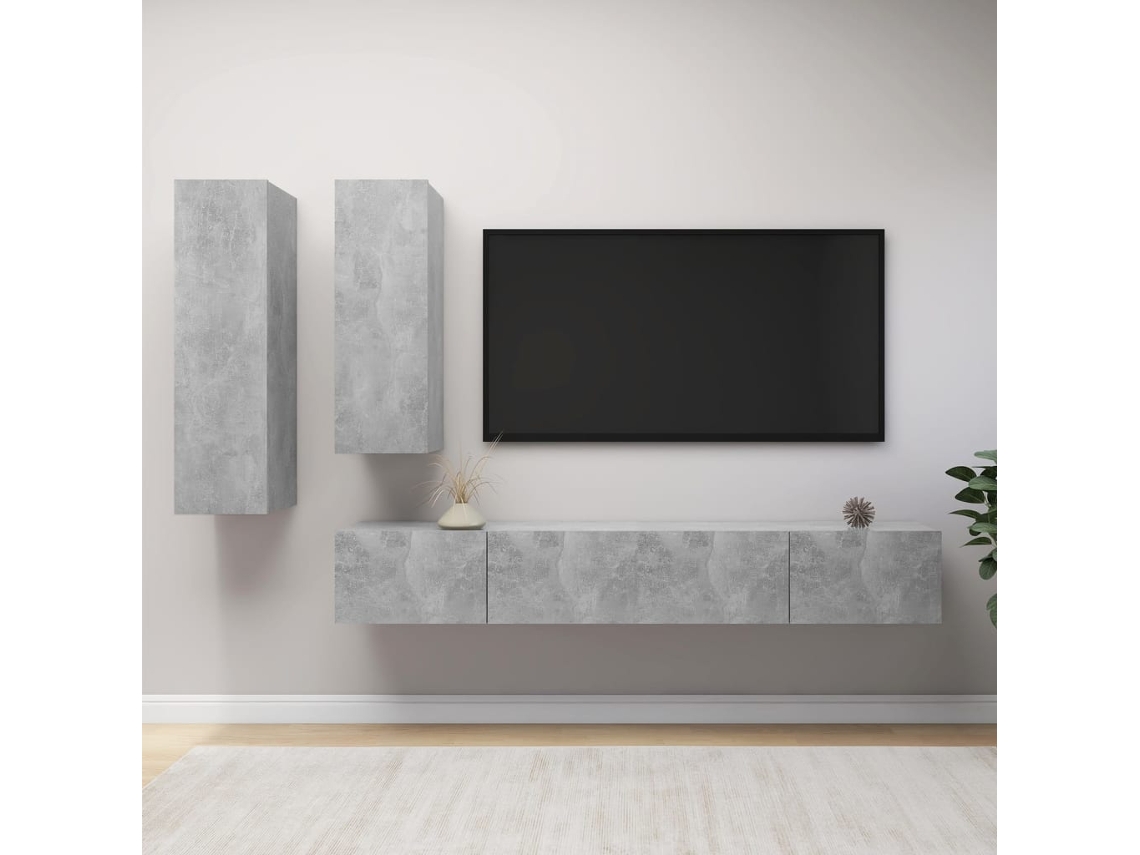 4 Pcs Conjunto De Mã³veis De Tv Derivados Madeira Cinza Cimento DKD HOME DECOR
