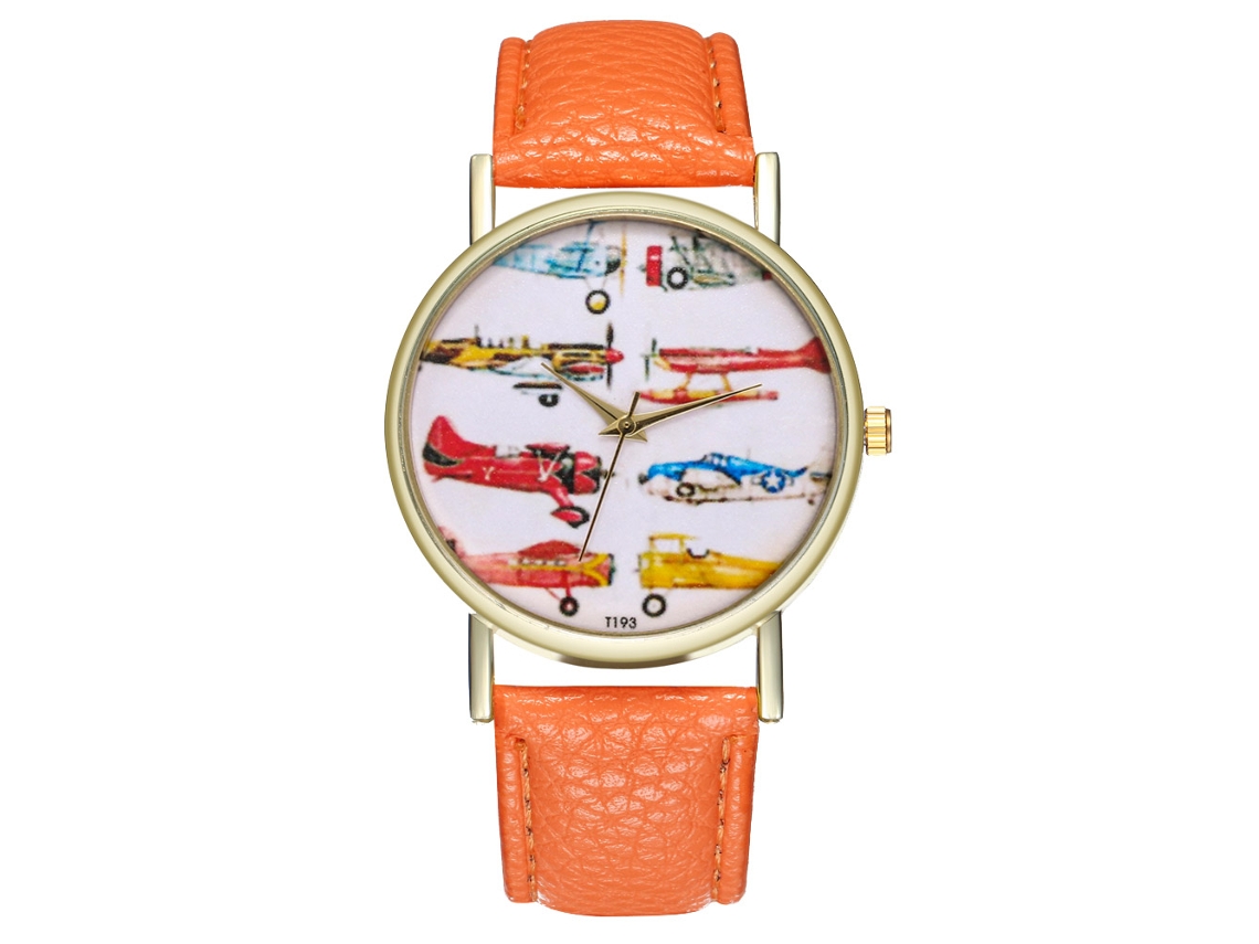 Relógio feminino Zhoulianfa T193-a com pulseira de couro e mecanismo de quartzo, na cor laranja estilo jato de combate.