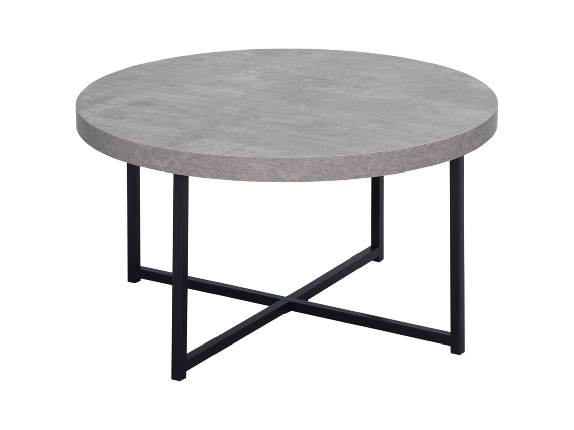 Mesa De Centro Redonda Efeito Betão Polido, Estrutura Em Madeira E Metal Com Base Cruzada, Mesa De Apoio Moderna Para Sala, Ø 80 X 45 Cm