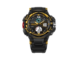 Relógio eletrônico multifuncional feminino Snada à prova d'água com visor duplo, dourado e preto.