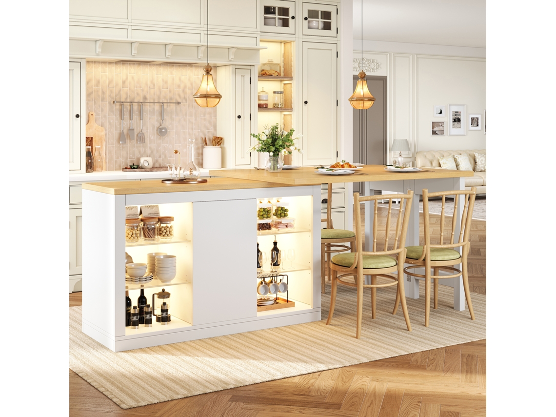 Ilha De Cozinha Extensível Com Led Rgb Controlável 120-197cm Giratória 360°, Portas Magnéticas E Prateleiras De Vidro 60kg