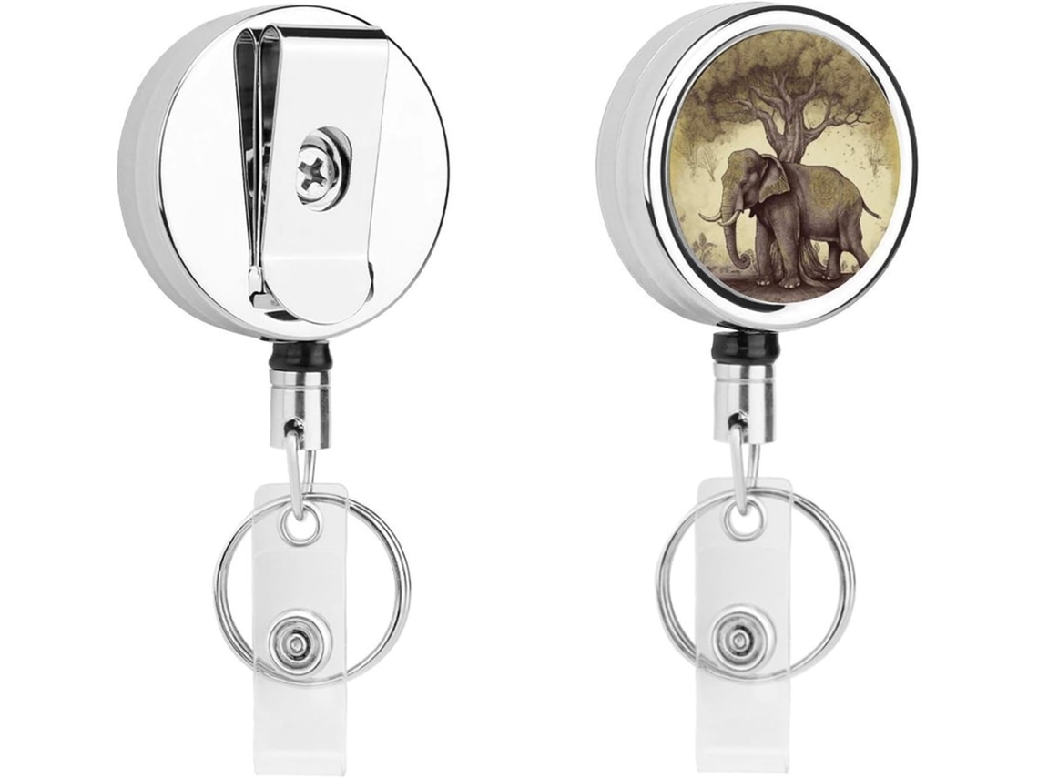 Porta Crachá Retrátil Com Elefante Asiático E Árvore, Clipe Cinto E Argola Chaveiro De Metal Resistente Pendurar