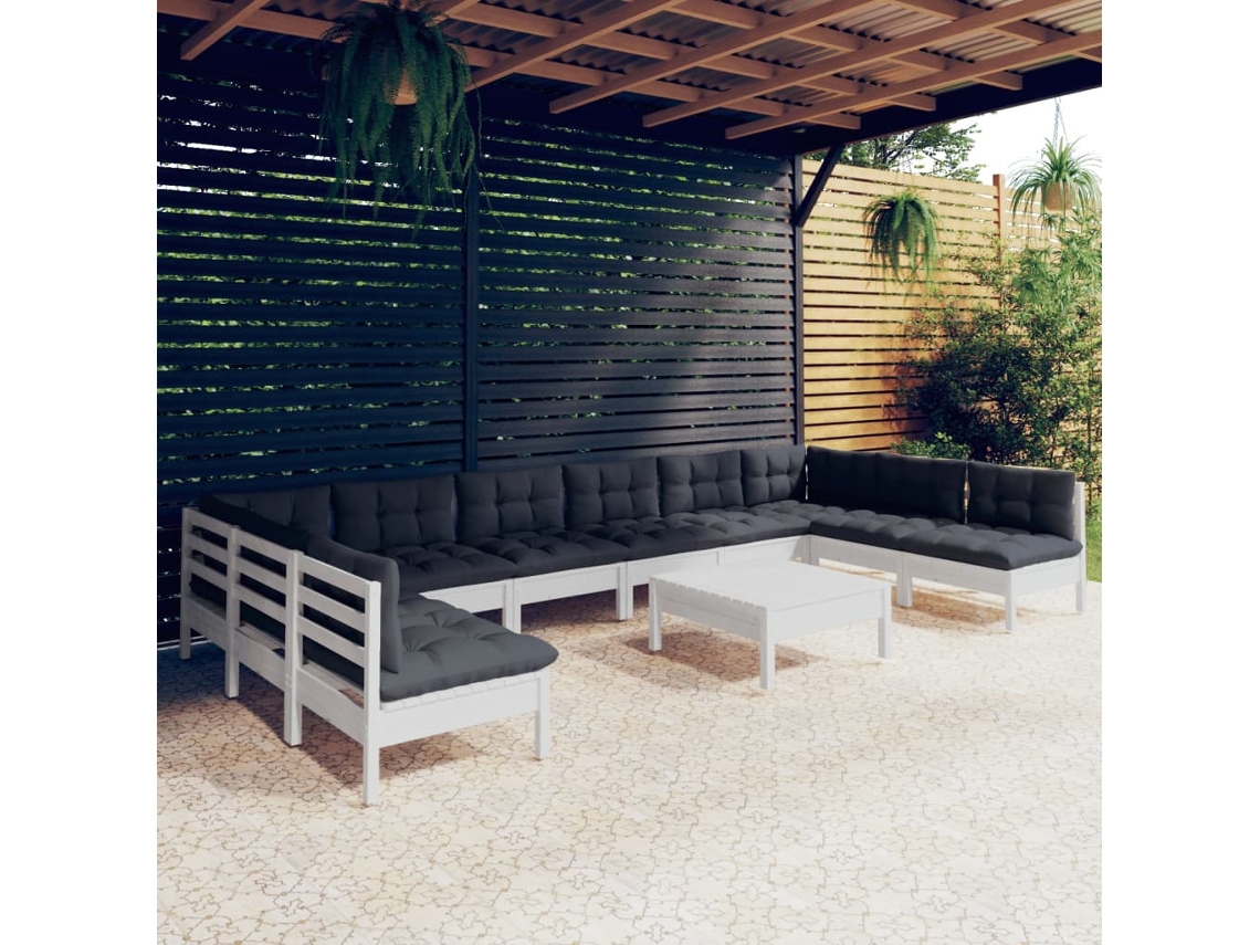 Vidaxl 11 Pcs Conj. Lounge De Jardim C/ Almofadões Pinho Maciço Branco