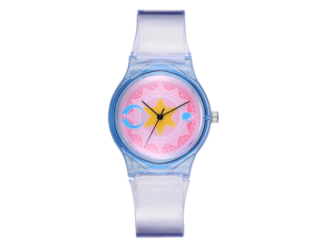 Relógio de Pulso Estudante de Quartzo com Pulseira de Silicone Transparente Rosa+amarelo