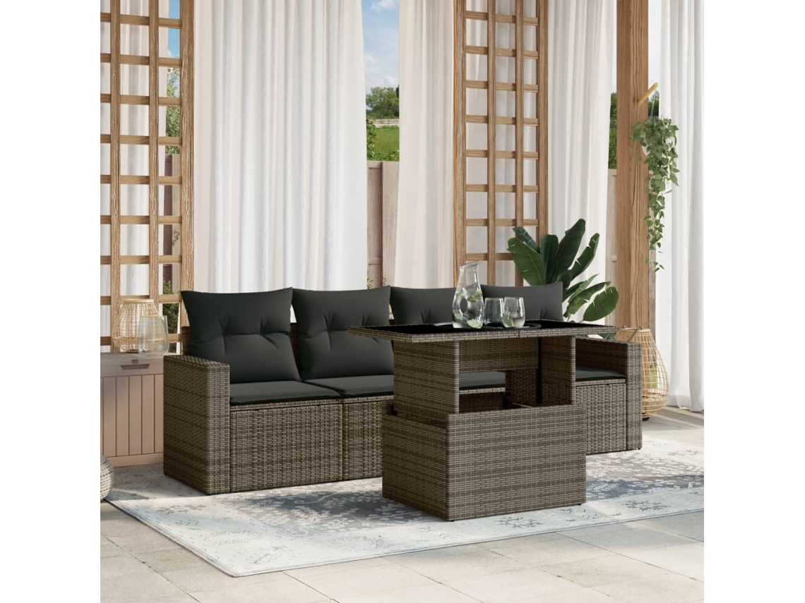 Vidaxl 5 Pcs Conjunto Sofás De Jardim C/ Almofadões Vime Pe Cinzento