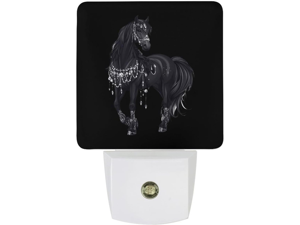 Luminária noturna em formato de cavalo árabe preto com sensor crepuscular.
