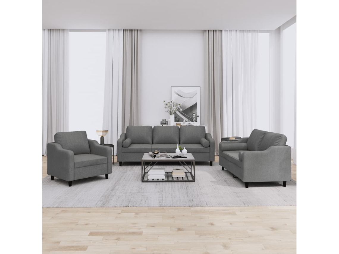Vidaxl 3 Pcs Conjunto De Sofás Com Almofadas Tecido Cinzento-escuro