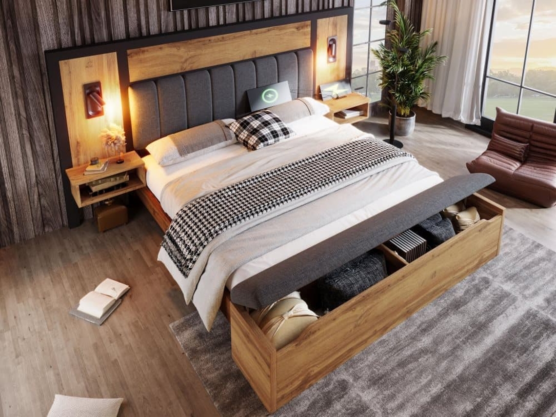 Cama De Casal 180x200 - Cama Estofada Com Candeeiro De Leitura, Mesa De Cabeceira Com Usb C E Banco Com Arrumação - Carvalho