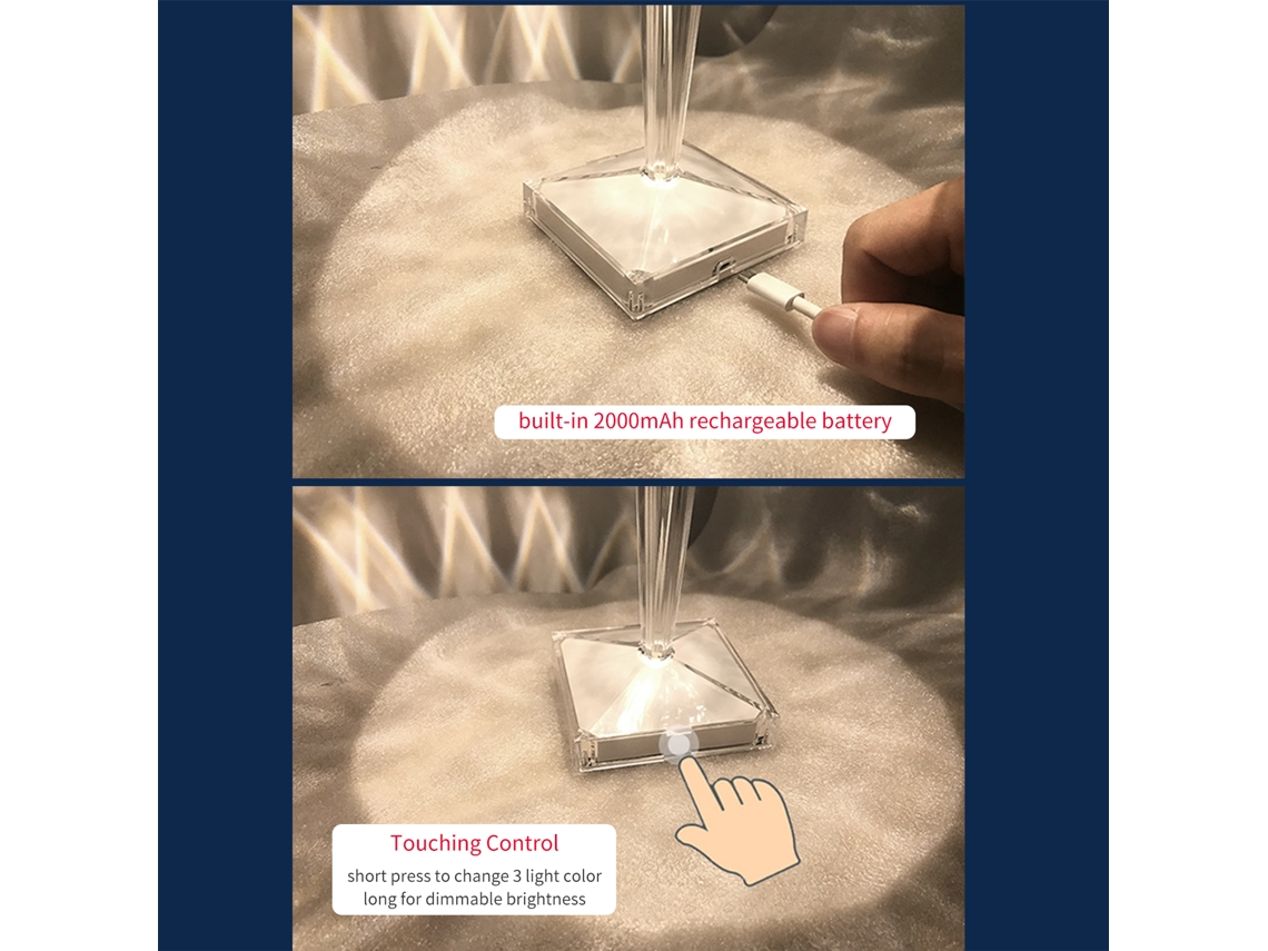 Lâmpada de Mesa de Diamante de Acrílico com Controle Tático 3 Cores e Brilho Ajustável Usb Recarregável