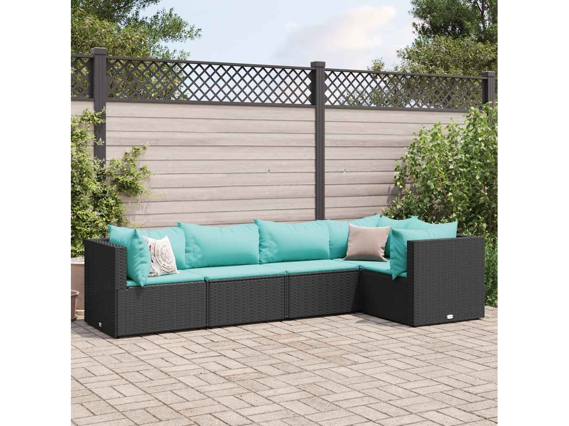 Vidaxl 5 Pcs Conjunto Lounge De Jardim C/ Almofadões Vime Pe Preto