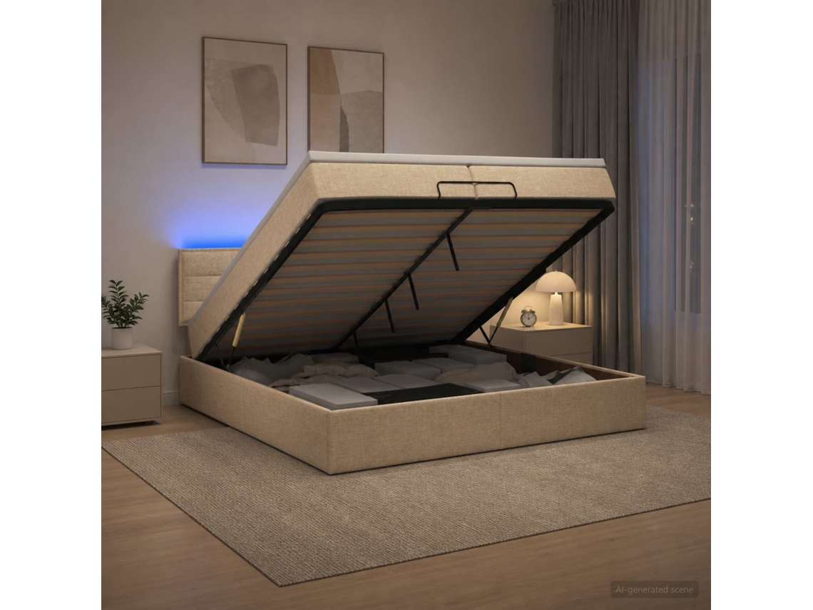 Vidaxl Cama Ottoman Com Colchão E Led Creme 200 X 200 Cm Tecido