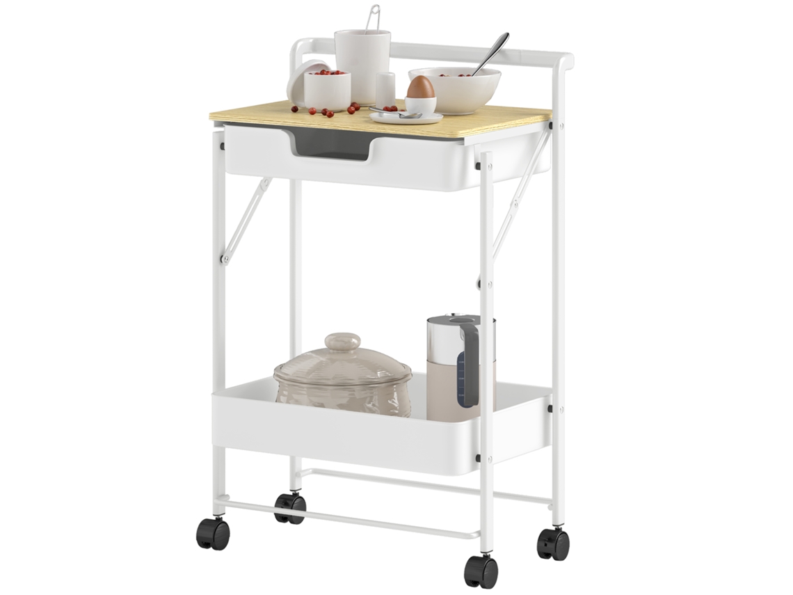Carrinho Auxiliar Com Rodas De 2 Níveis De Cozinha Com 1 Gaveta E 1 Cesto Organizador 45x29,5x68 Cm Branco