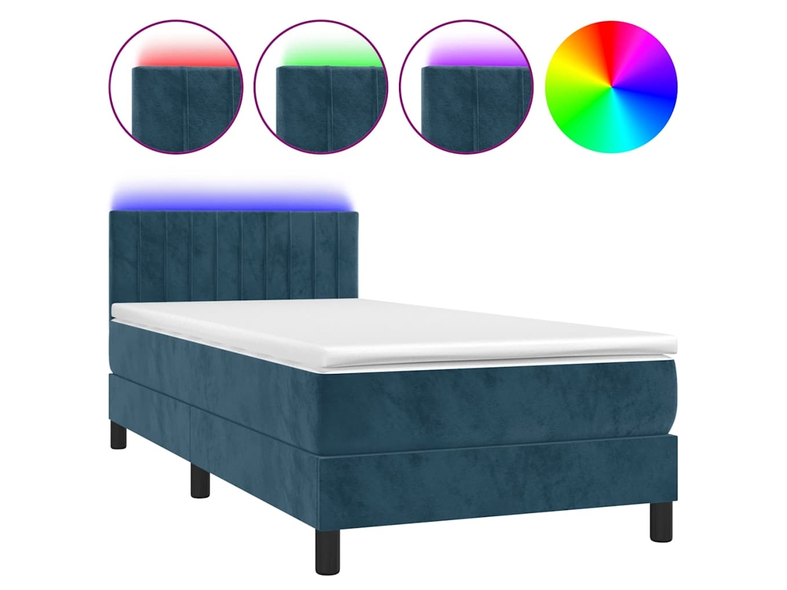 Cama Box Spring com Colchão e Led Veludo Azul Escuro MAISON EXCLUSIVE (100x200 cm)
