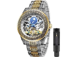 Lurelia Relógio Mecânico Masculino, Automático, Luminoso, Duplo Fuso/mostrador, Mostrador Esqueleto, Turbilhão, Fase Da Lua, Aço Inoxidável, Dourado