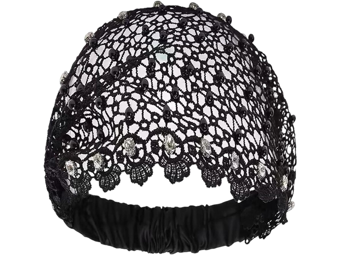 Faixa De Cabelo Vintage Em Renda Elástica Com Ilhós E Strass.