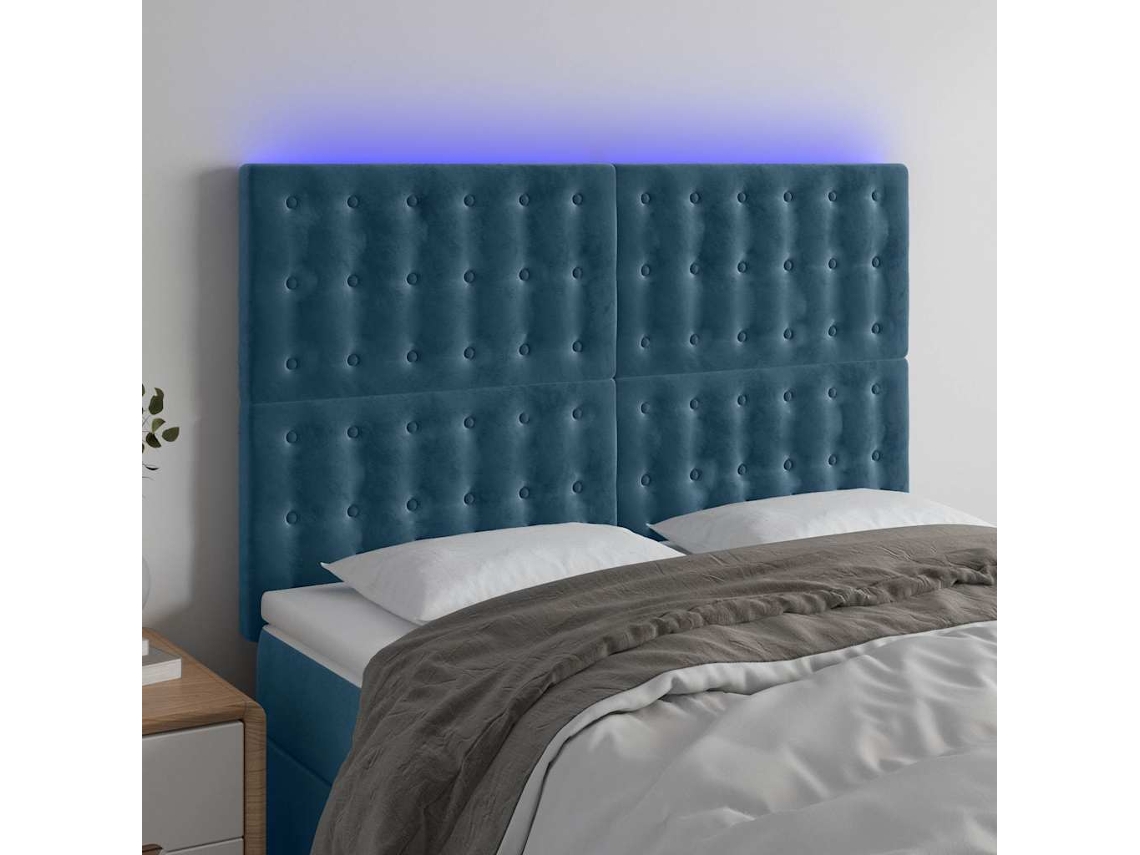 Vidaxl Cabeceira Cama C/ Luzes Led Veludo 144x5x118/128cm Azul-escuro