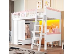 Cama Alta Individual 90x200cm Pinho Branco Com Led Armário Gaveta En747