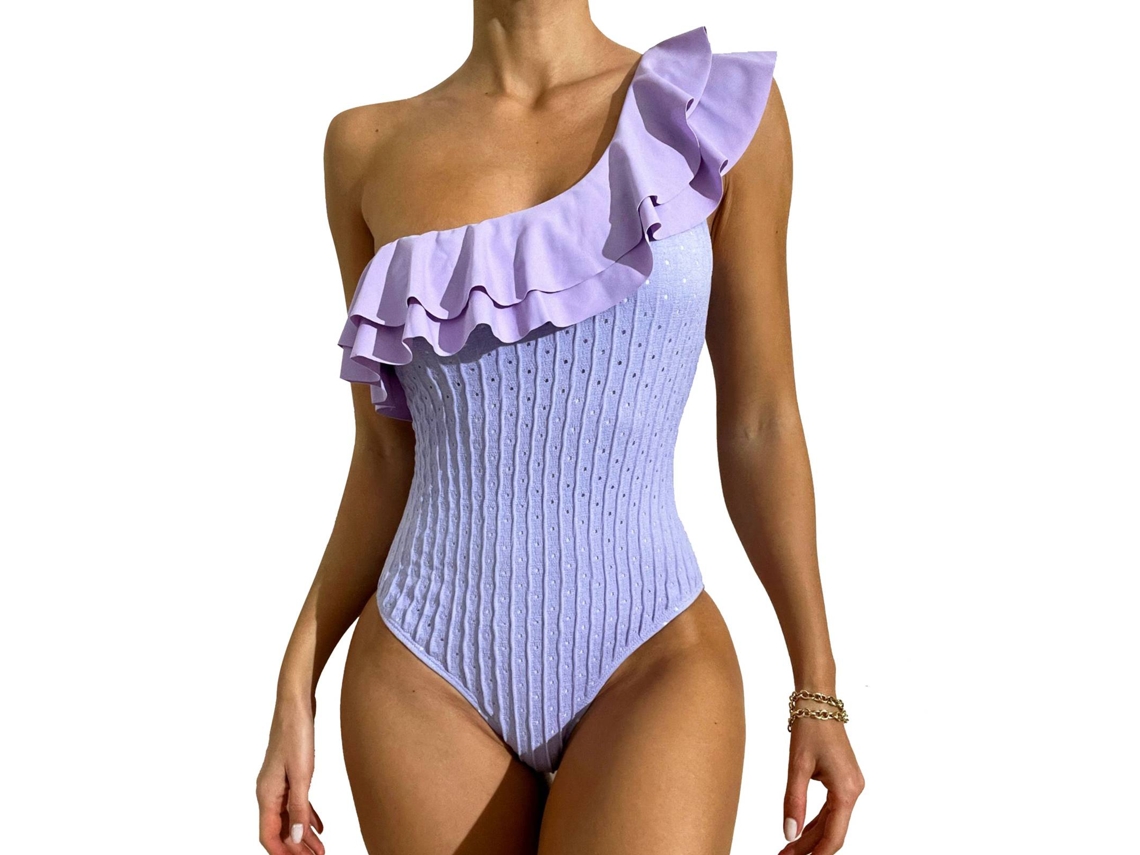 Maiô de Ombro Simples Ruffle Sem Fio Sem Costas Roxo L