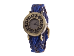 Relógio de pulso vintage de quartzo com mostrador vazado e pulseira de PU trançada para homens e mulheres (azul)