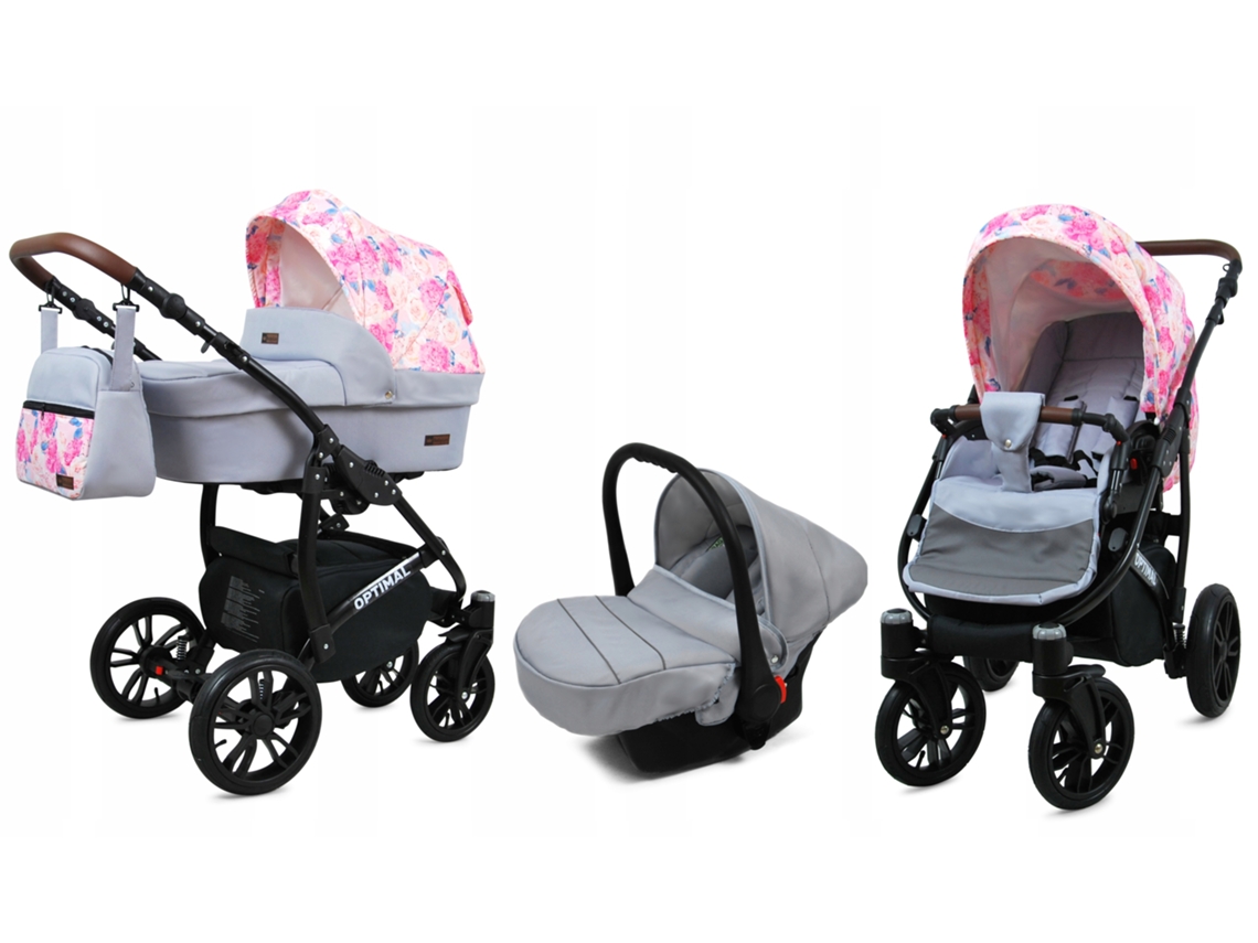 Carrinho De Bebé Multifuncional Babylux Optimal 3 Em 1 -peony And Rose Black Frame - Ajustável E Dobrável Construção Leve Em Alumínio - Acessórios