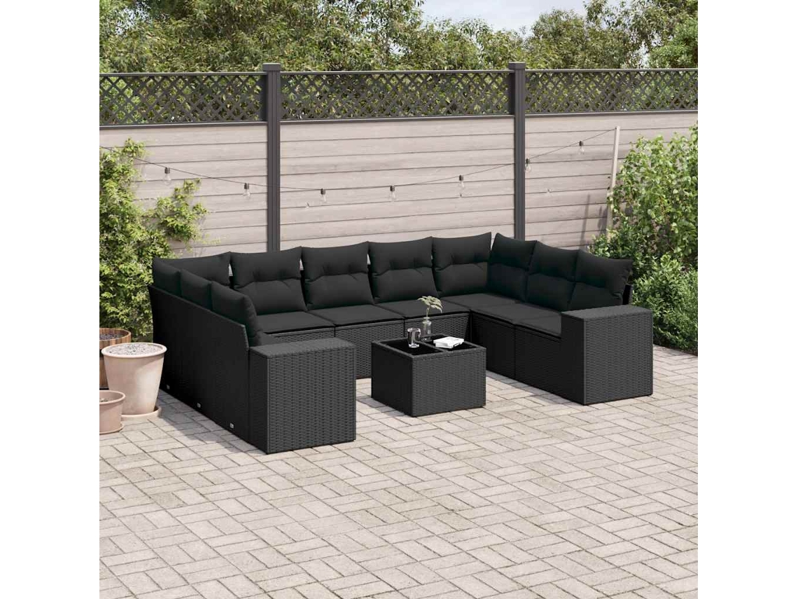 Vidaxl 10 Pcs Conjunto Sofás De Jardim C/ Almofadões Vime Pe Preto