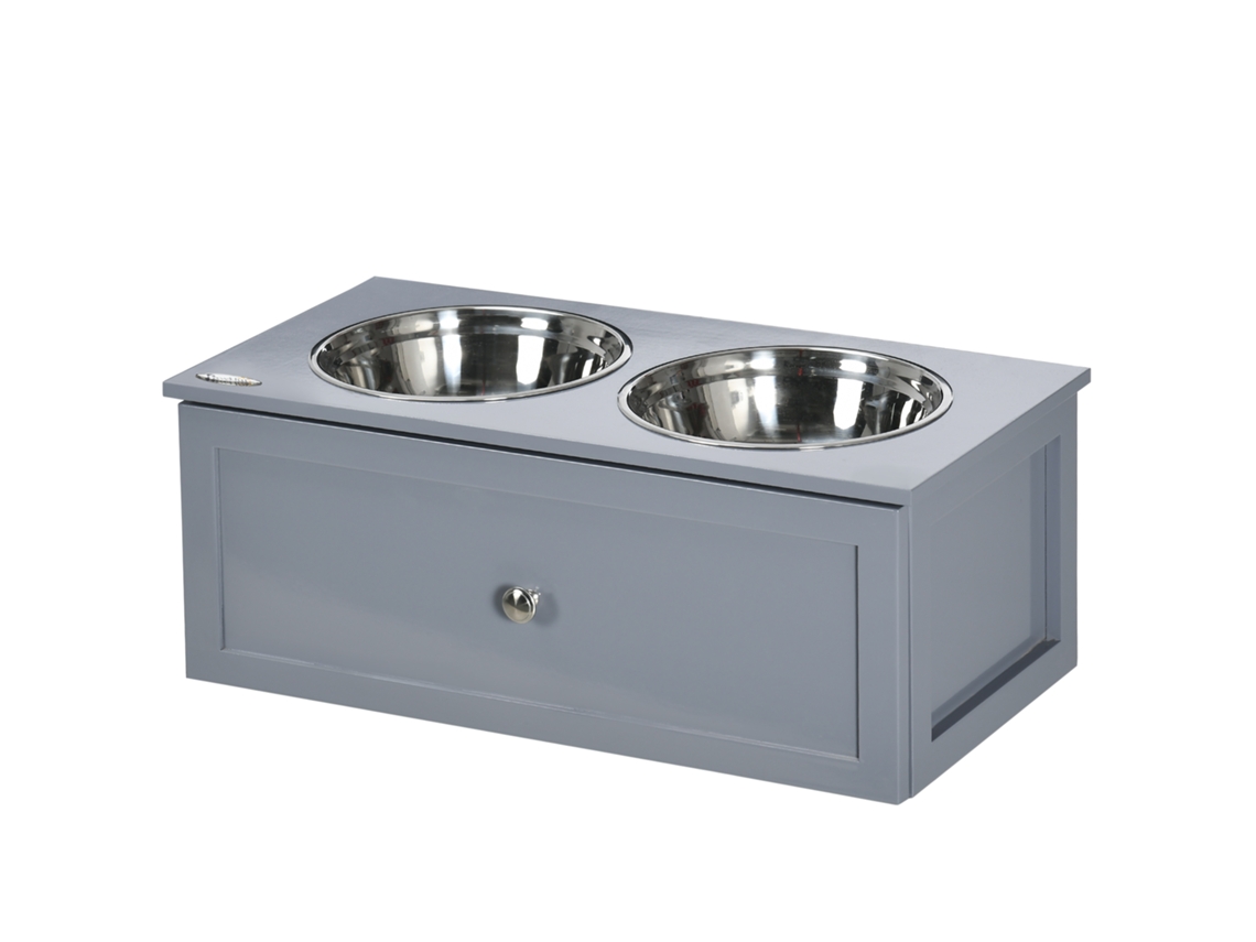 Estação de Alimentação , 2 Tiges de Alimentação de 2 Litros Cada, Aço Inoxidável, com Gaveta, para Cães Médios, Cinza, 60 X 30 X 24cm Ge