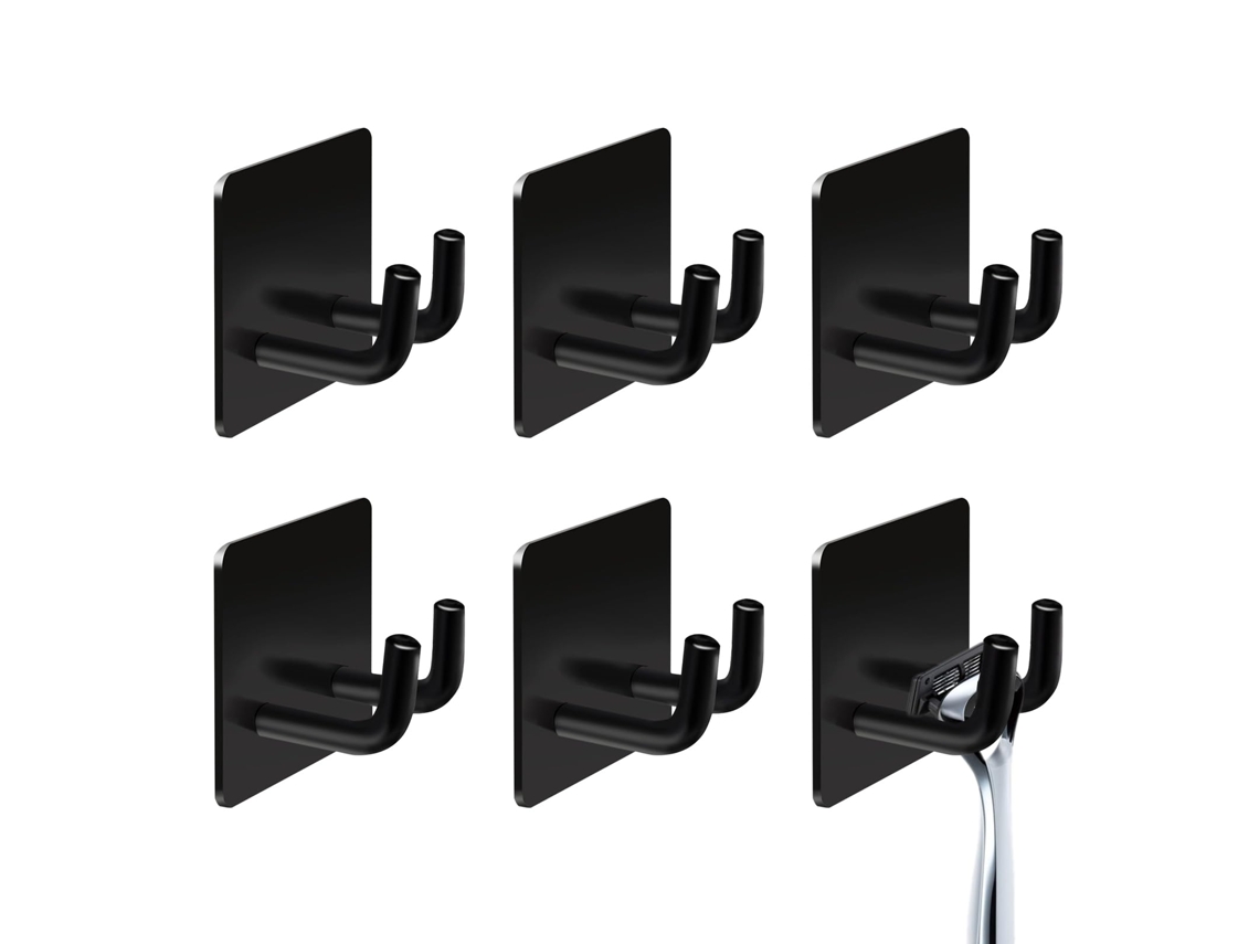 Conjunto 6 Ganchos Adesivos Sem Furo, Aço Inoxidável 304 Preto, Suporta 120kg, Serve para Toalhas, Roupas e Acessórios de Banheiro