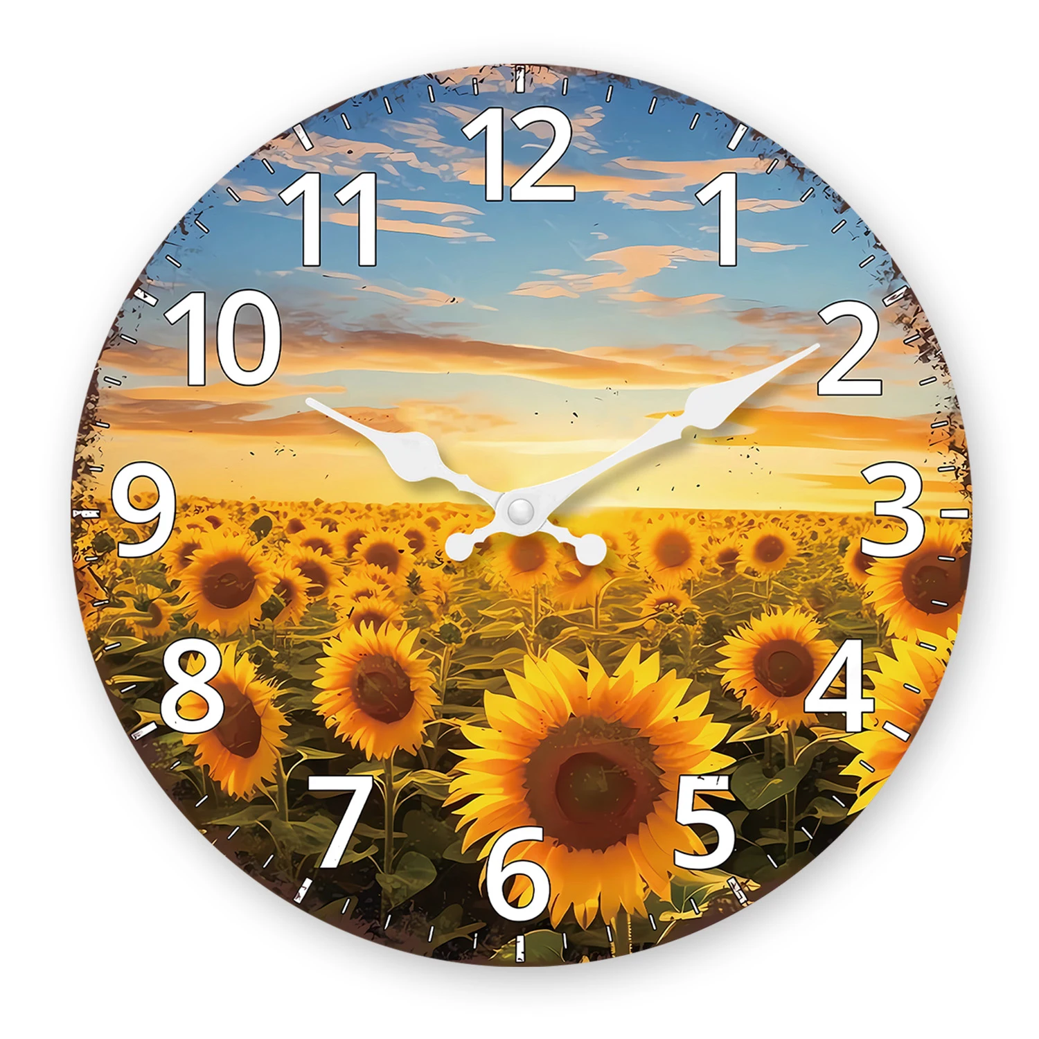 Relógio De Parede De Madeira (30 Cm) Com Elegante Padrão De Jardim De Girassóis Ao Pôr Do Sol, Silencioso E Com Mecanismo De Quartzo.