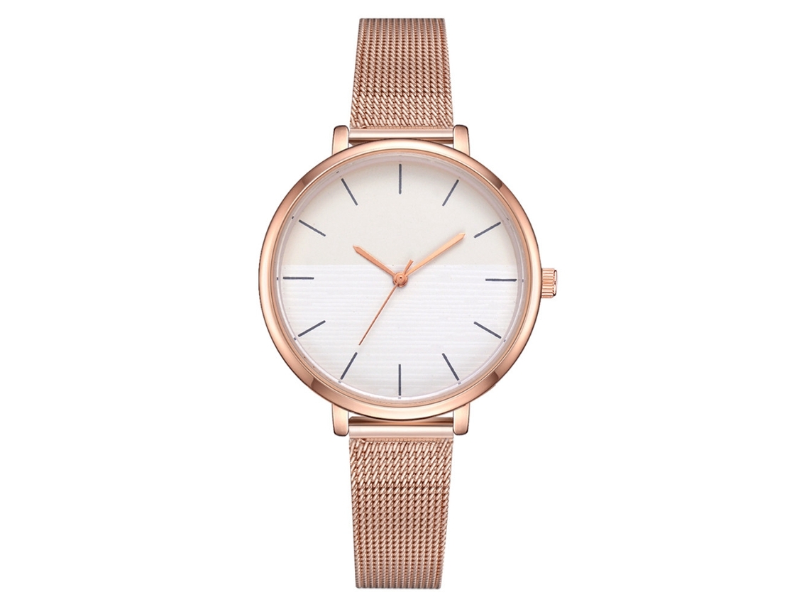 Relógio de Pulso Feminino Simples de Liga Ouro Rosa Malha Quartzo Casual (branco)